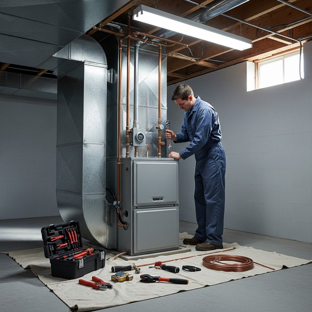Licensed heating technician performing furnace repair and maintenance in a residential basement using professional tools for safe efficient home heating