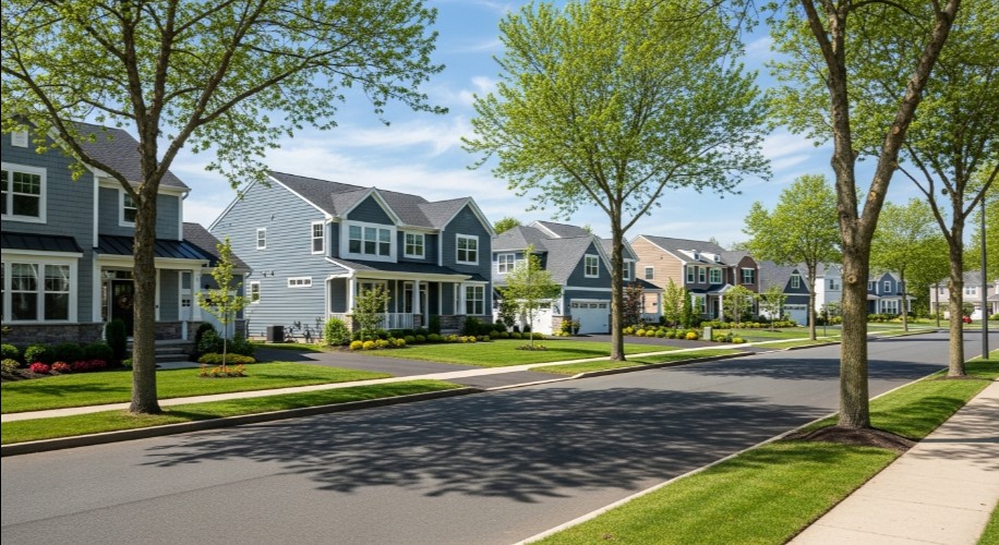 Residential neighborhood in Monmouth County New Jersey representing reliable drain and sewer services for homes and businesses by Drain Warrior Services