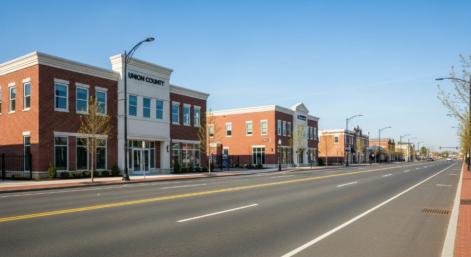 Modern commercial and residential street in Union County New Jersey representing expert drain and sewer services delivering fast and reliable solutions for local homes and businesses by Drain Warrior Services