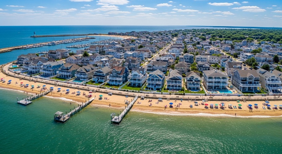 Aerial view of Ocean County New Jersey shoreline communities representing fast professional drain cleaning and sewer services for homes and businesses by Drain Warrior Services