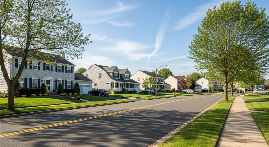 Residential neighborhood street in Burlington County New Jersey representing efficient and affordable drain and sewer services for local homeowners provided by Drain Warrior Services