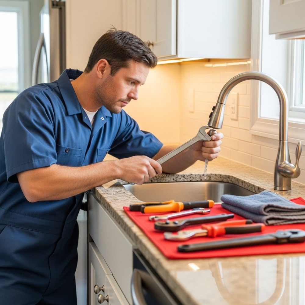 Licensed plumber repairing a kitchen faucet during a professional plumbing repair service, demonstrating same day residential plumbing solutions delivered by Drain Warrior Services