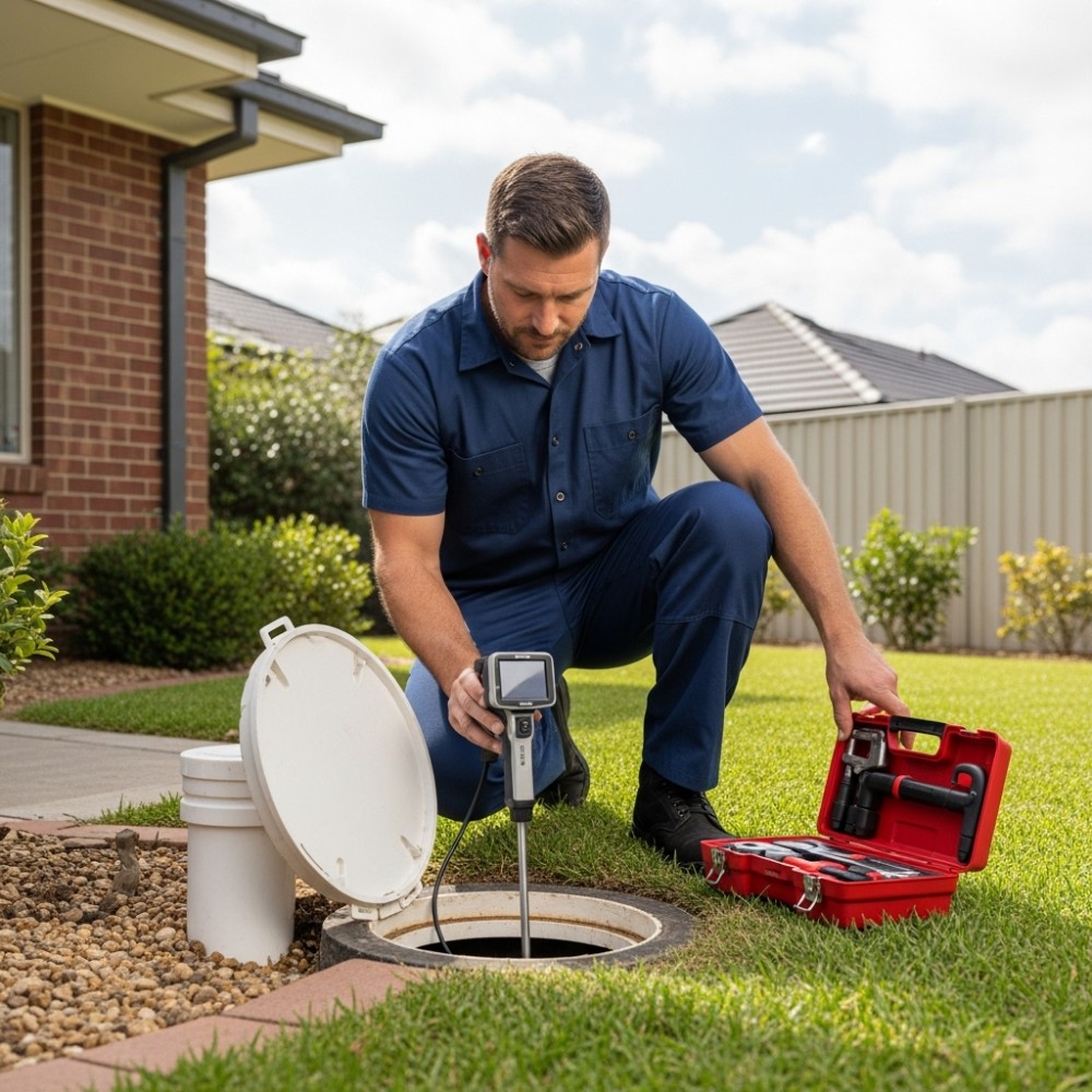 Licensed Drain Warrior Services technician performing a sewer line inspection using diagnostic equipment at a residential property in New Jersey