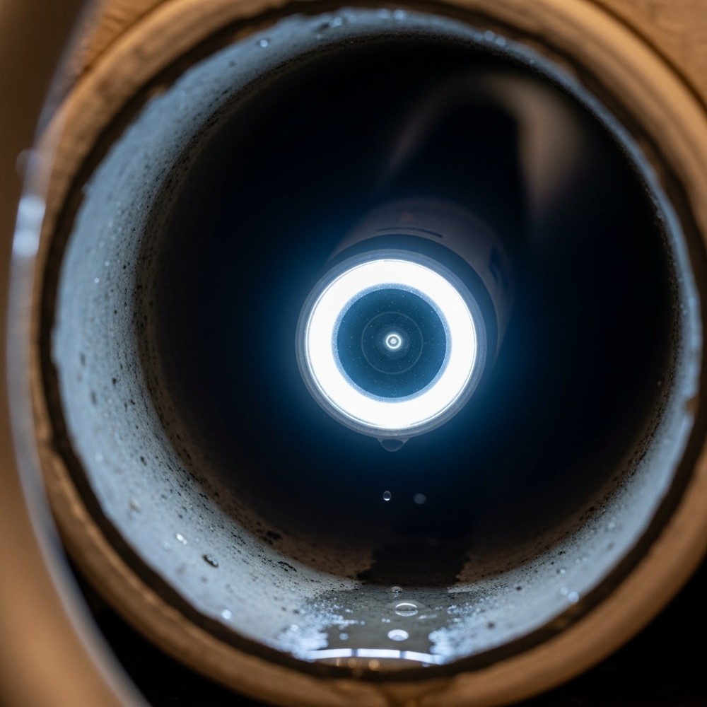 Drain camera inspection view inside a residential sewer pipe showing buildup and blockage during professional drain cleaning by Drain Warrior Services